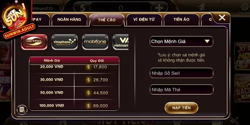 Các bước nạp tiền Sunwin qua thẻ cào đơn giản mà miễn phí